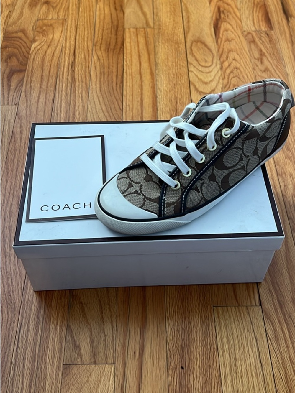 Coach woman’s Logo Canvas Lace-Up Sneaker in Brown and White
